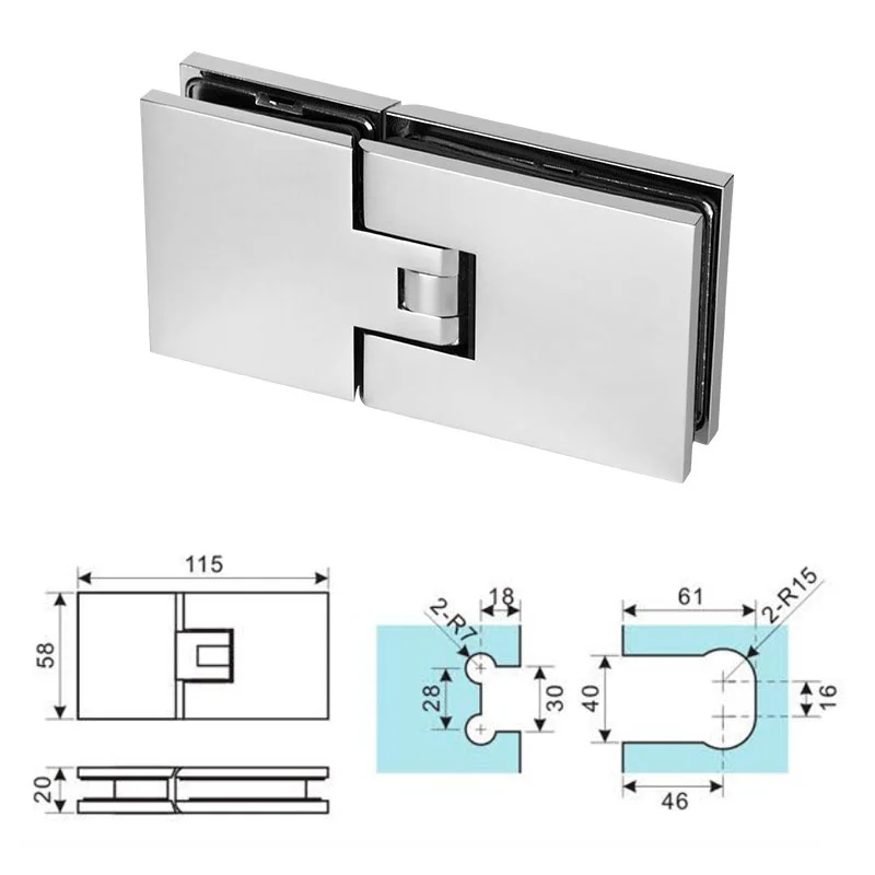 Brass Spring Hinge Connecting Two Glass Panels At 180 Degrees