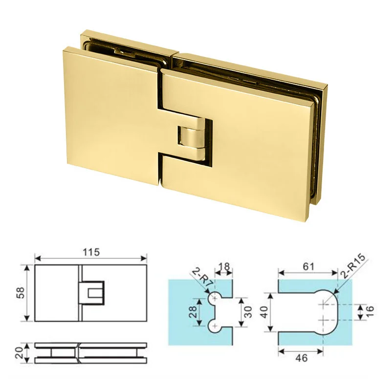 Brass Spring Hinges Connecting Glass Panels At 180 Degrees