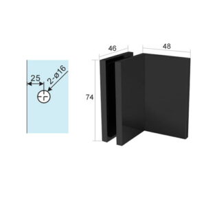 Abrazadera de latón para puerta de ducha con tapa negra que sujeta el cristal a 90 grados