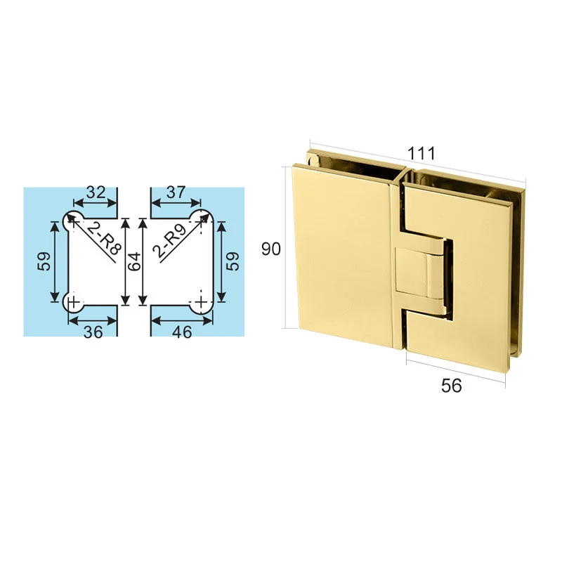 Gold Brass Shower Door Hinge With 180-Degree Rotation