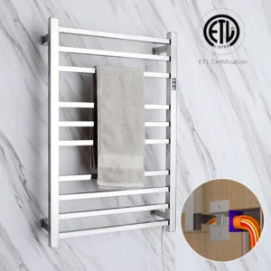 Square tube electric towel warmer plugged into an outlet