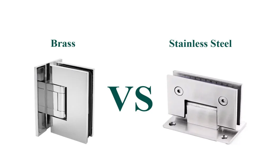 Brass and stainless steel shower door hinges side by side